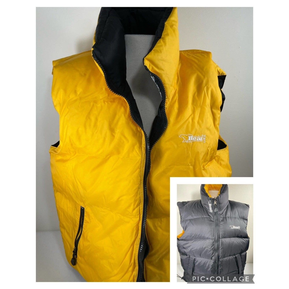 Vintage Bear USA Duck Down Reversible Puffer Vest Warm Winter Large Yellow Black